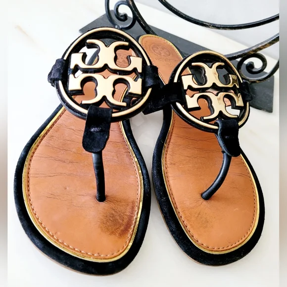 Tory Burch Miller Leather Thong Sandals Metal/Gold Logo Black/Tan US 8 - Picture 16 of 16